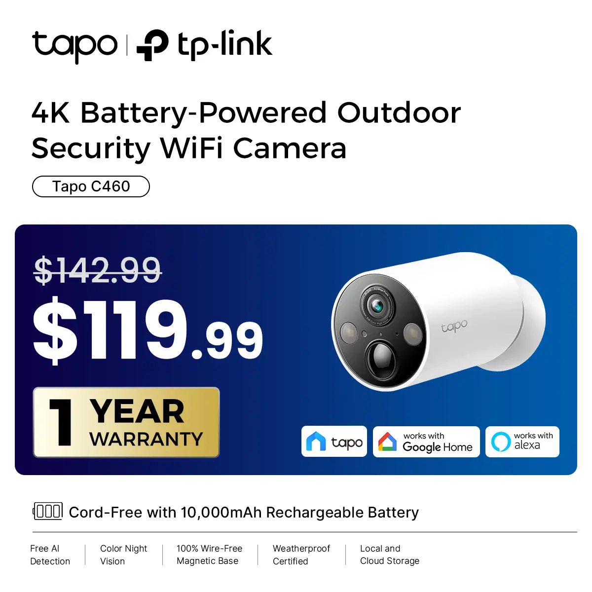 TP-Link & Tapo C460 |4K 8MP Outdoor Security Camera | Free AI Person/Vehicle Detection, Starlight Color Night Vision,  Wireless MagCam, Alexa & Google Compatible