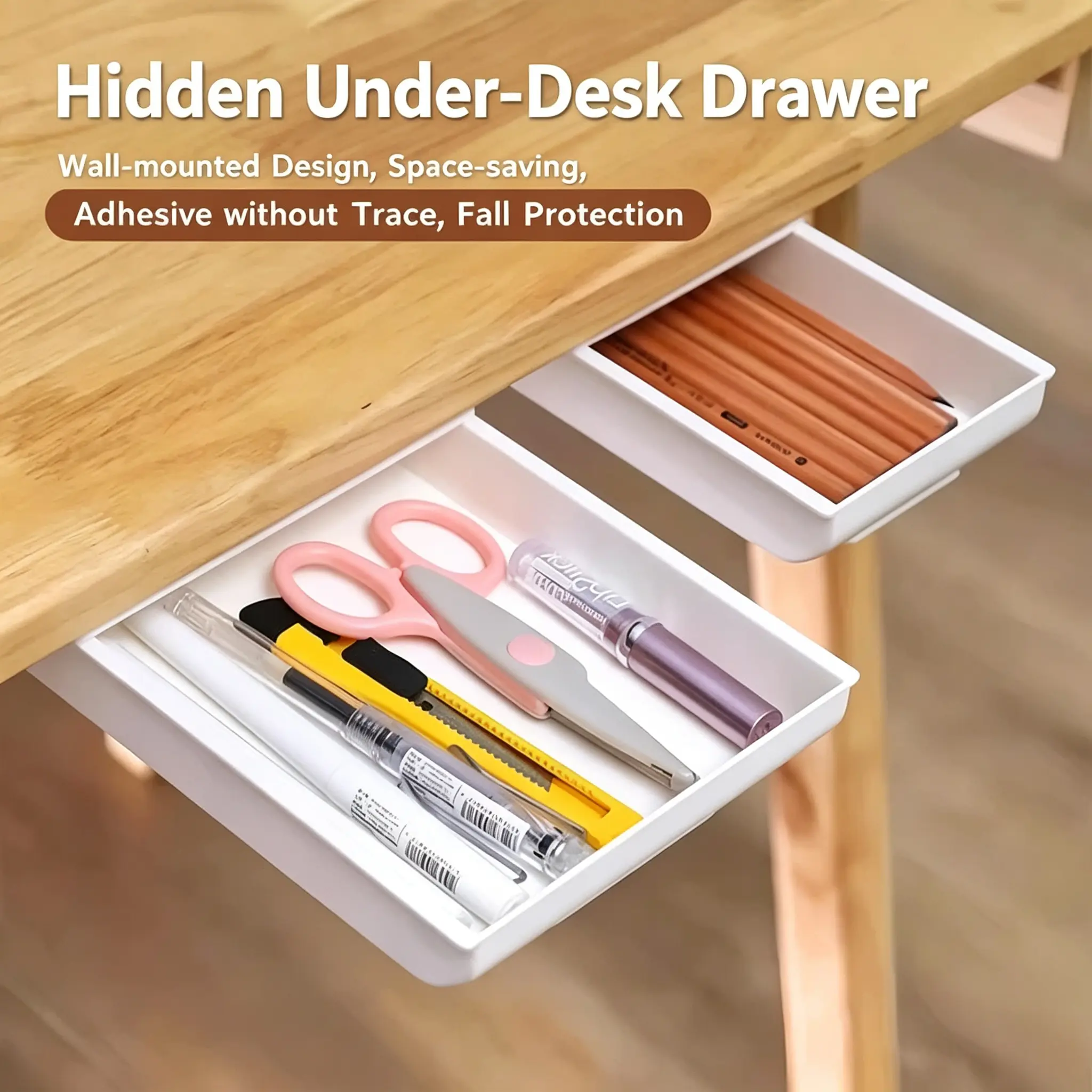 Under Desk Storage Desk Drawer Attachment Hidden Pen Workspace Organizers Desk,Desk Drawer compatible with Phone/Pens/Pencils/Keys/Cutlery and More
