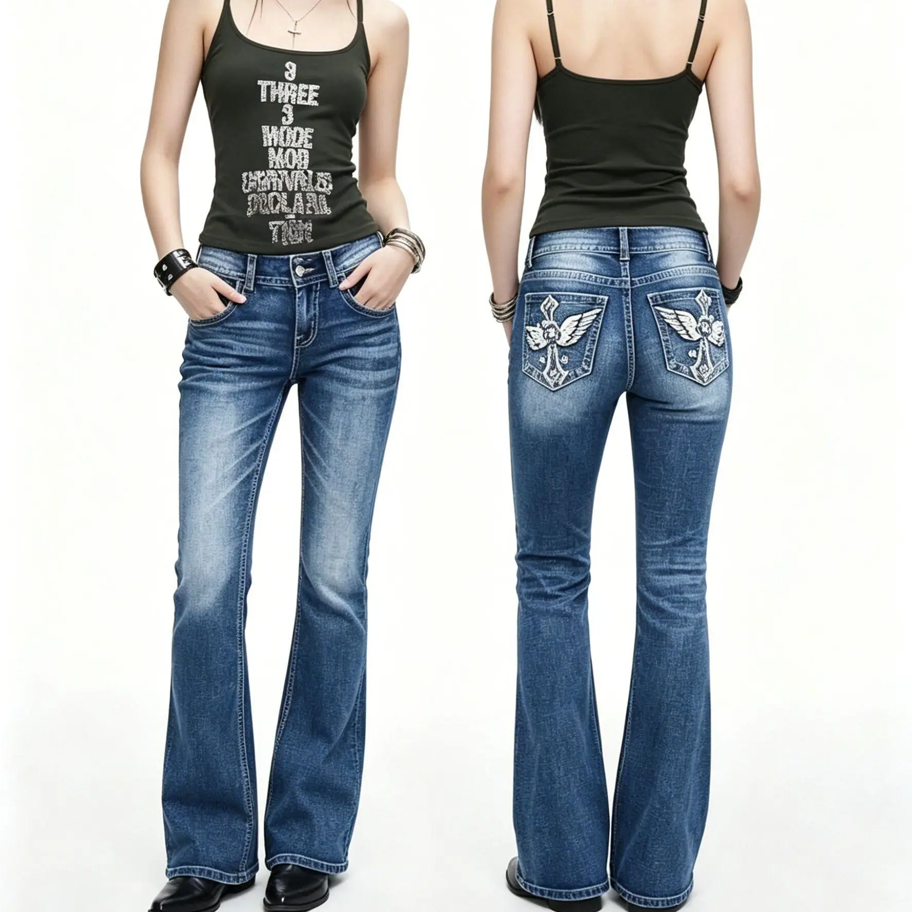 Mid Rise Gradient Whisker Wash Wing Cross Rhinestone Embroidery Full Length Slim Bootcut Flare Jeans
