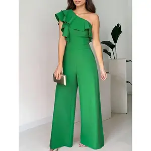 Chic One-Shoulder Ruffle Jumpsuit for Women High Waist Loose Fit Solid Color Black Casual Green Overalls Womenswear Bridal VU49225 - Fitted Sleeveless Fabric Knit Spandex Basic