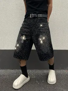 Men's Classic Dark Cross Rhinestone Denim Shorts, Comfortable Loose Fit, Casual Streetwear, All Seasons, Perfect for Parties and Travel