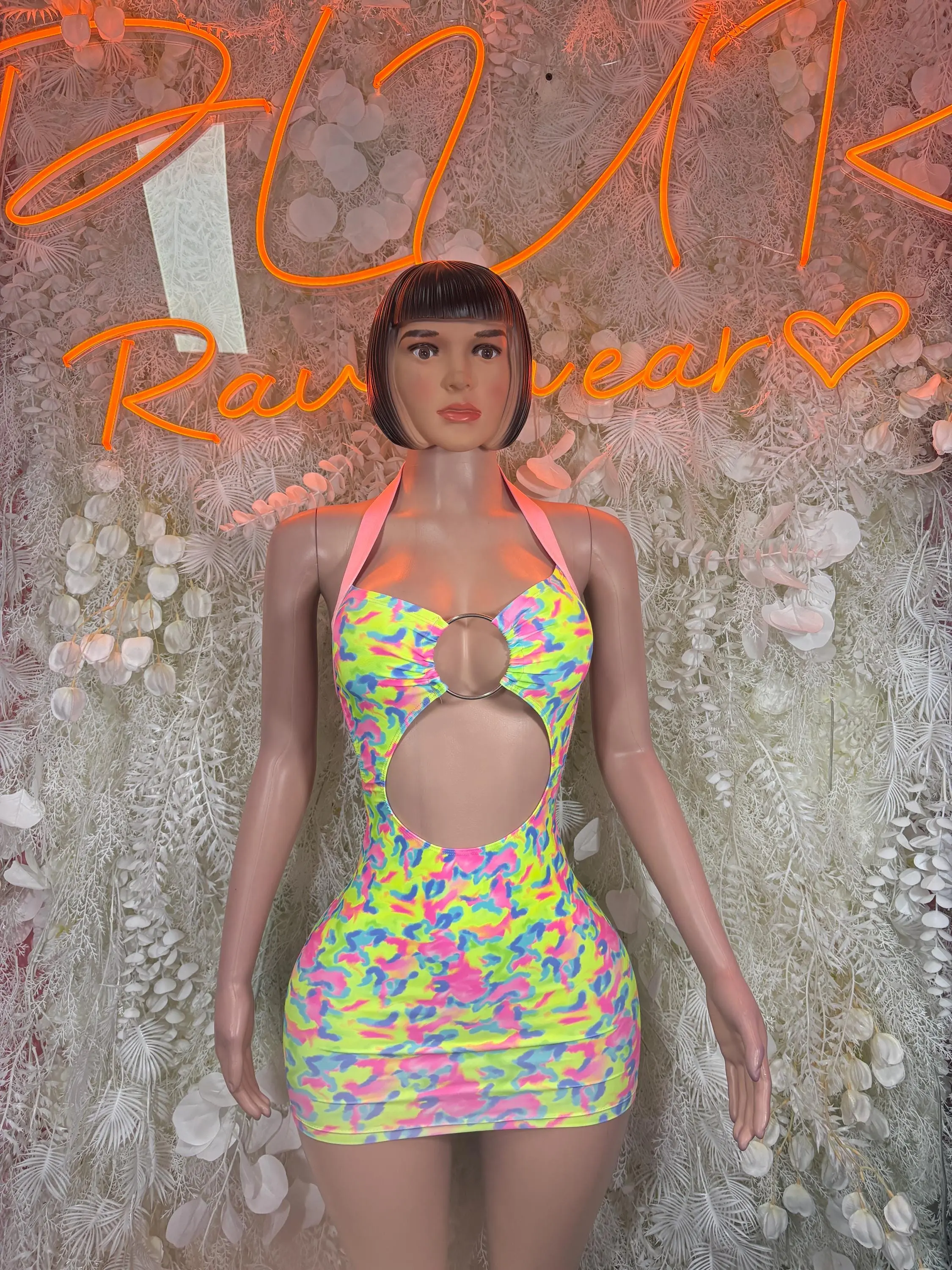 Neon Multi Color Abstract Cutout Mini Dress Festival Rave Clubwear Exotic Dance Costume