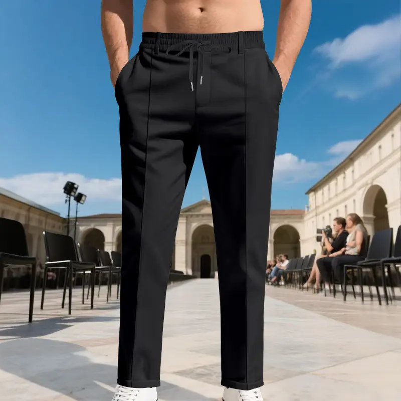 Menswear Stylish American-Style Men’s Casual Long Pants - Elastic Drawstring Waist, Pleated Detailing, Smooth Drape, Wrinkle-Resistant Fabric, Medium-Weight Stitching, Straight Leg, Roll-Up Cuffs, Solid Color, Versatile for Everyday Wear, Commuting