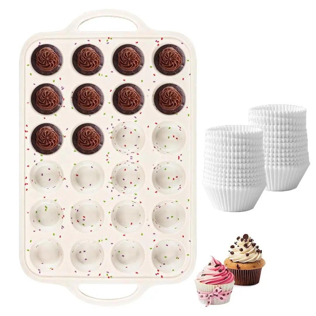 Silicone Mini Muffin Tray Cupcake Baking Set - 24-Cavity Tray with 200 Cupcake Liners, for Home Kitchens, Holiday Party Dessert Making