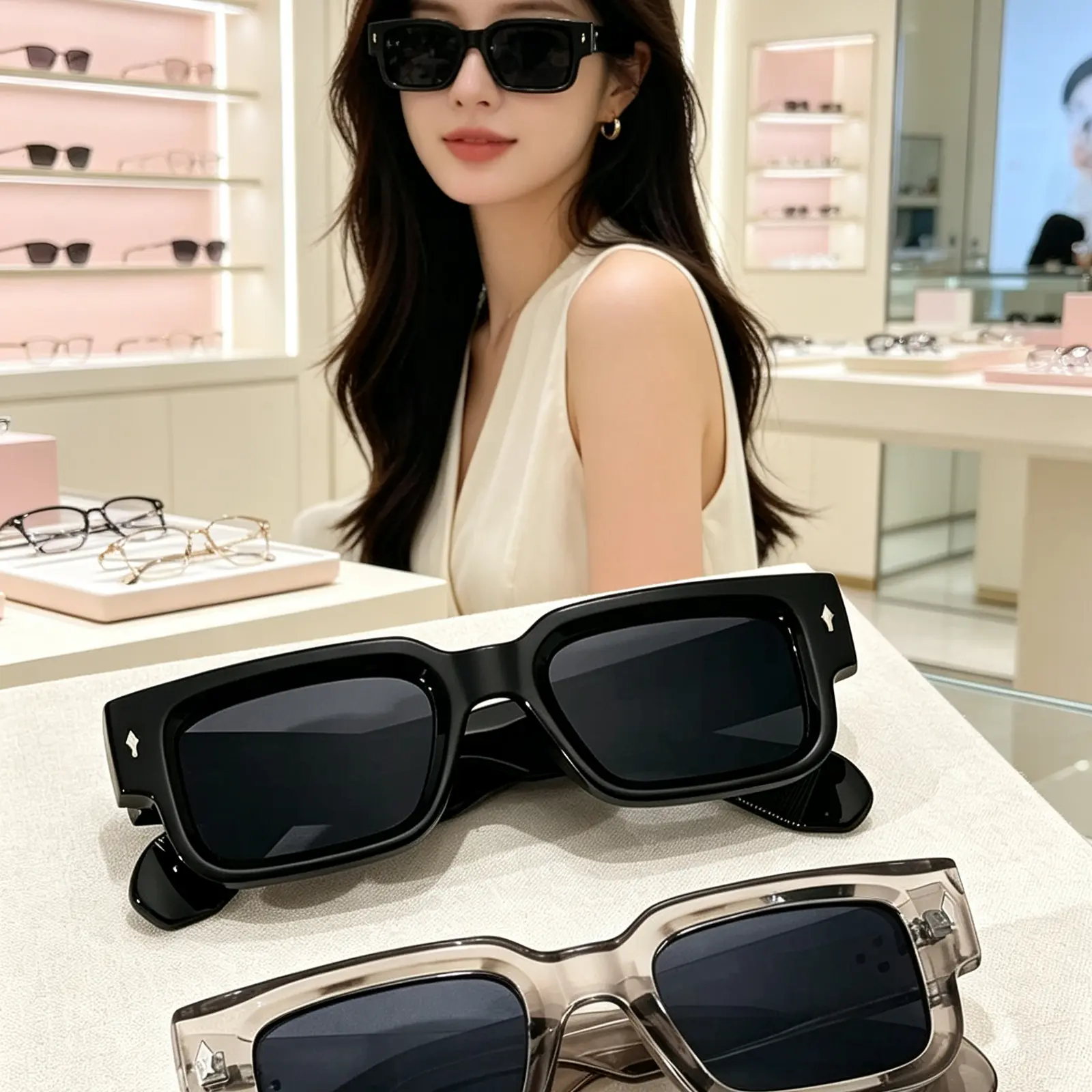 Men's & Women's 2-Pack Stylish Sunglasses Set - Square Eyewear, Black & Transparent Frames, UV400 Protection, Vintage Trendy Casual Sunglasses for Summer Beach, Travel, Vintage Trendy Sunglasses