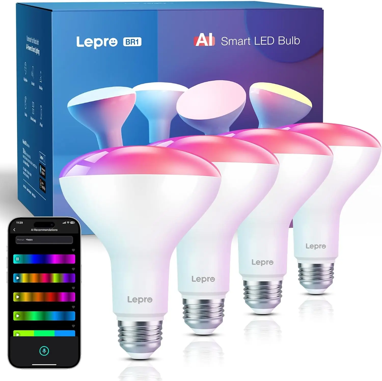 Lepro BR1 AI LED Smart Bulbs 4-Pack - BR30 E26 8W Indoor Smart Bulbs, Color-Adjustable, Dimmable LED Wi-Fi Bulbs, AI Lighting, LightGPM 2 with LLM, LightBeats Music Sync, App & Voice Control, RGBWW Colors, Alexa & Google Assistant Compatible, Color-Adjust