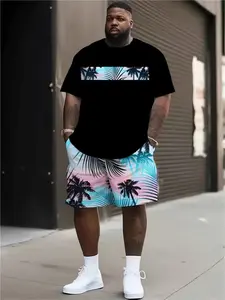 Beach Style Tropical Outdoor Play 3D Print Fashion Casual Loose Fit Short Sleeve Set, Large Size, All Seasons, Contemporary Style