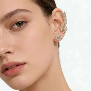 Luxury 14K Gold Plated Crystal Flower Ear Cuff Set for Women Hypoallergenic Non Piercing Sparkling CZ Bridal Wedding Earrings Elegant Ear Wrap for Prom Date Anniversary Birthday Party Daily Wear Trendy 2026 Fashion Jewelry Perfect Gift for Her Bridesmaids