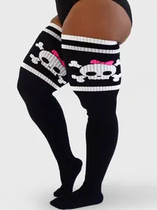 Thunda Thighs - Tubbies - Bow & Bones Halloween Plus Size Thigh High Socks - Women's Lightweight Cotton Blend Stretch
