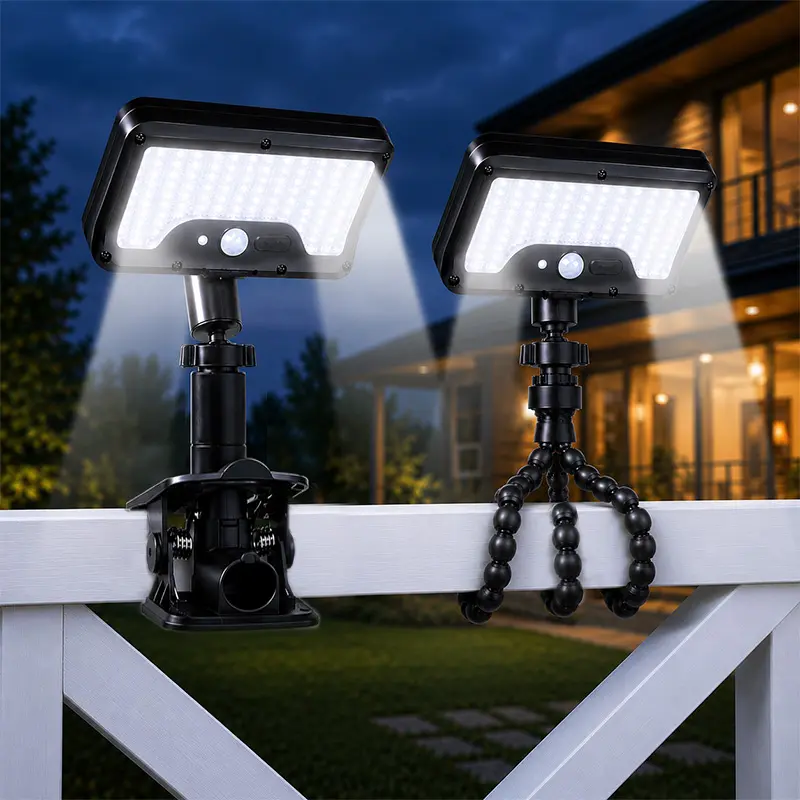 Outdoor Clip-On Solar Motion Sensor Light, 360° Rotatable 3-Legged Bendable 92-LED 600LM 6000K IP65 Waterproof Wireless Security Adjustable Floodlight for Gutter, Deck solar outdoor lights