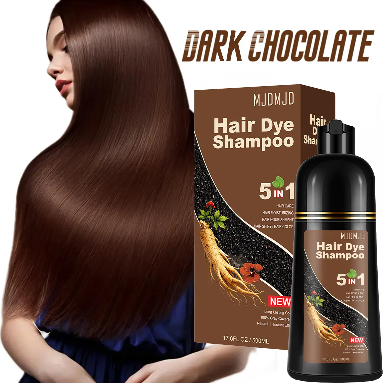 5-in-1 Dark Chocolate Hair Color Shampoo for Gray Hair, All-in-One Hair Color Nourishes, Moisturizes, Gentle Formula for Normal Hair - 16.91oz, Easy to Use At Home, Unisex, Ethically Made Haircare Cleanser