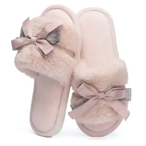 Cute Bow Slippers for Women with Memory Foam Open Toe Fuzzy House Slippers Indoor Outdoor Anti-Skid Soft Birthday Gifts for Women MomRAIMENTRY