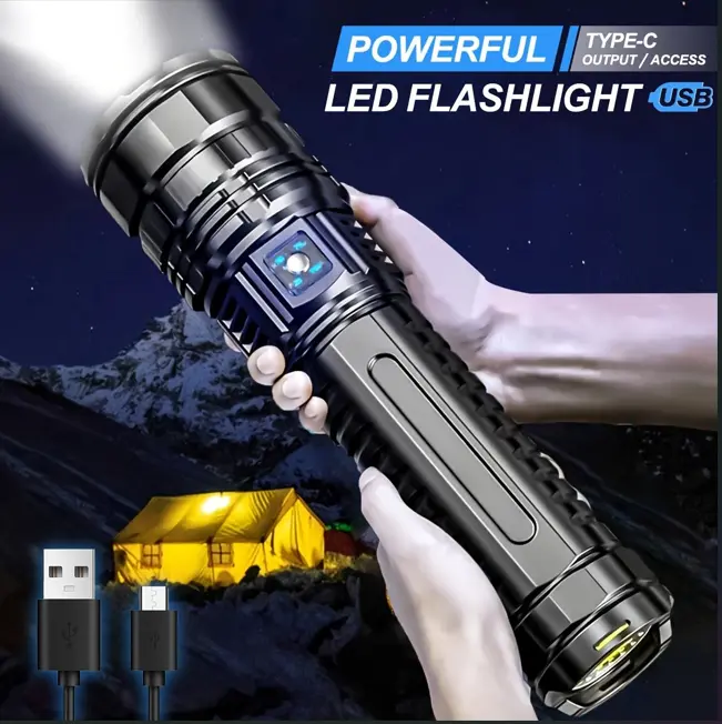 High Lumen Super Bright LED Tactical Flashlight with 15000mAh Battery, Long Distance Lighting, USB Charging, Mobile Power Function, Digital Display, for Emergency, Camping, High Lumen Flashlights