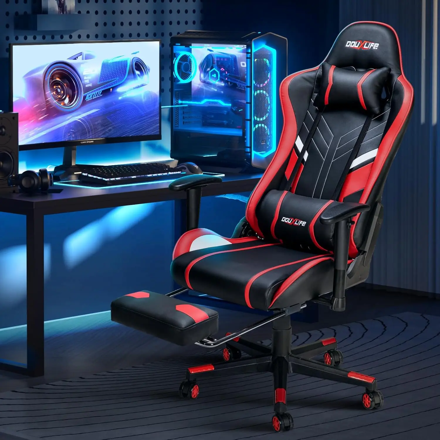 Douxlife 7-Point Massage Reclining Gaming Chair - 175° Recliner with Footrest, Ergonomic High Back Lumbar Support Upgraded Computer Video Chair for PC Gaming Setup, Office Use, Computer Gaming Chair