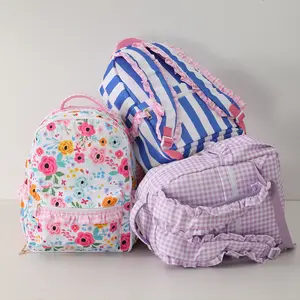 Gingham Ruffle Girls Backpack With Pencil Holder Sleeves Multi-pocket Large Capacity For Teens Back To School Travel Daypack