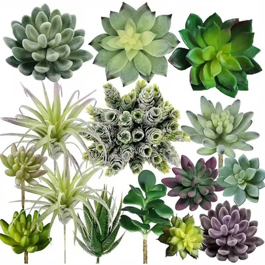 Set of 15 Artificial Succulents, Assorted Types with Stems, DIY Artificial Plants, Fake Plastic Plants, Combined with Flower Pots, Picture Frames, Ideal for Home Decor, Office Spaces, DIY Gardening, Wedding Decorations
