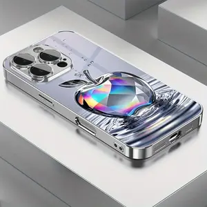 Luxurious Aurora Diamond Water Drop Apple Print Electroplated Smartphone Casing, Full Coverage Anti-Drop Tempered Glass TPU Cellphone Protector with Lens Protection, Mobile Phone Accessories for iPhone 16 15 14 13 12 11 Pro Max Plus Pro/XS/XS Max