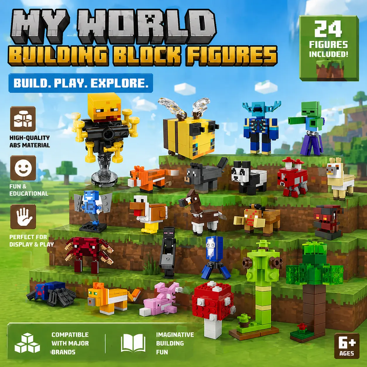 Unisex Animal Theme Construction Building Blocks Toy Set, 24-Pack with 24 Figures, Model Building Kits for Kids 6-8 Years, Open Ended Play, Party Favors for Any Occasion