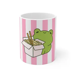 Kawaii Frog Mug with Pink Stripes