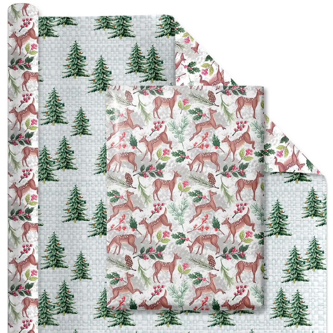 Reversible Wrapping Paper (30"x10') - Doe Floral/Winter Trees on White, Gift Packaging, Gift Wrapping Supplies