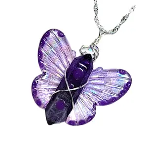Purple Butterfly Necklace with Amethyst Crystal in Sterling Silver Wire Wrapped, Glow in the Dark Fairy/Angel Wings, Handmade Magic Fairycore Gift