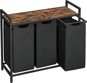 Laundry Hamper, Laundry Basket, Laundry Sorter with 3 Pull-Out and Removable Bags, Shelf, Metal Frame, 3 x 10.6 Gallons (40 L), 36.4 x 13 x 28.4 Inches, Ink Black and Rustic Brown UBLH301B01
