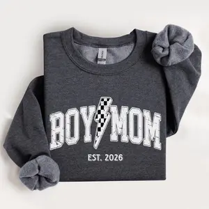 Boy Mom Sweatshirt, Checkered Boy Mom Est 2026 Sweatshirt, Lightning Bolt Mama Sweatshirt, Boy Mom To Be Gifts, Gift Mom For Christmas