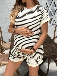 Maternity Two-piece Set, Comfortable Casual Versatile Loose Stretch White Striped Maternity Set for Summer, Maternity Outfits, Pregnancy Clothes