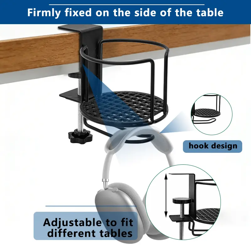 2-in-1 Space Saver Desk Cup Holder with Hanging Mount Headphone Hook, Adjustable Clamp-on Side Table Organizer, Sturdy Anti-Slip Rubber Pads Home Supplies for Gaming Setup, Desk Organization, Office Accessories