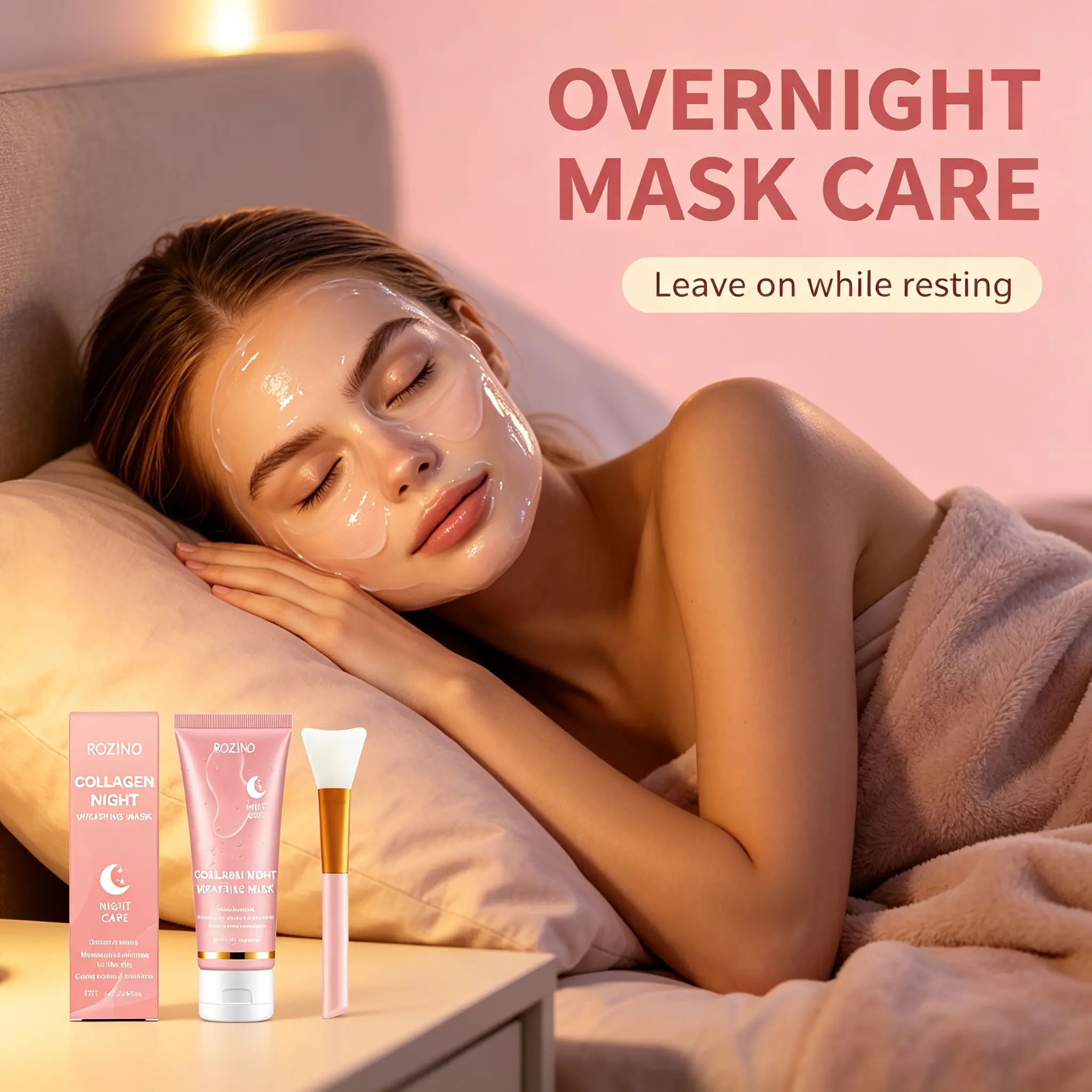 ROZINO Collagen Night Wrapping Sleeping Mask With Applicator Brush, Infused with Vitamin C, Green Tea & Aloe Vera, Intensive Overnight Deep Hydrating Mask, Firming & Smoothing Night Repair Treatment, Daily Night Facial Skincare Mask, 75g Full Size nmn