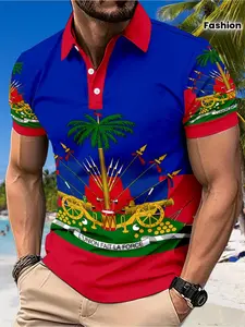 Summer Men's Tropical Colorblock Dopamine Full Print Street Fashion Polo, Haiti Flag Print Golf Shirt, Loose-Fit Casual All-Season Top, Polo Shirts