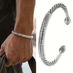 Six Characters Mantra Alloy Bracelet Men's Personality Heart Sutra Open Bracelet Retro Twist Line Bracelet Men's Bracelet Thai Silver free for shipping