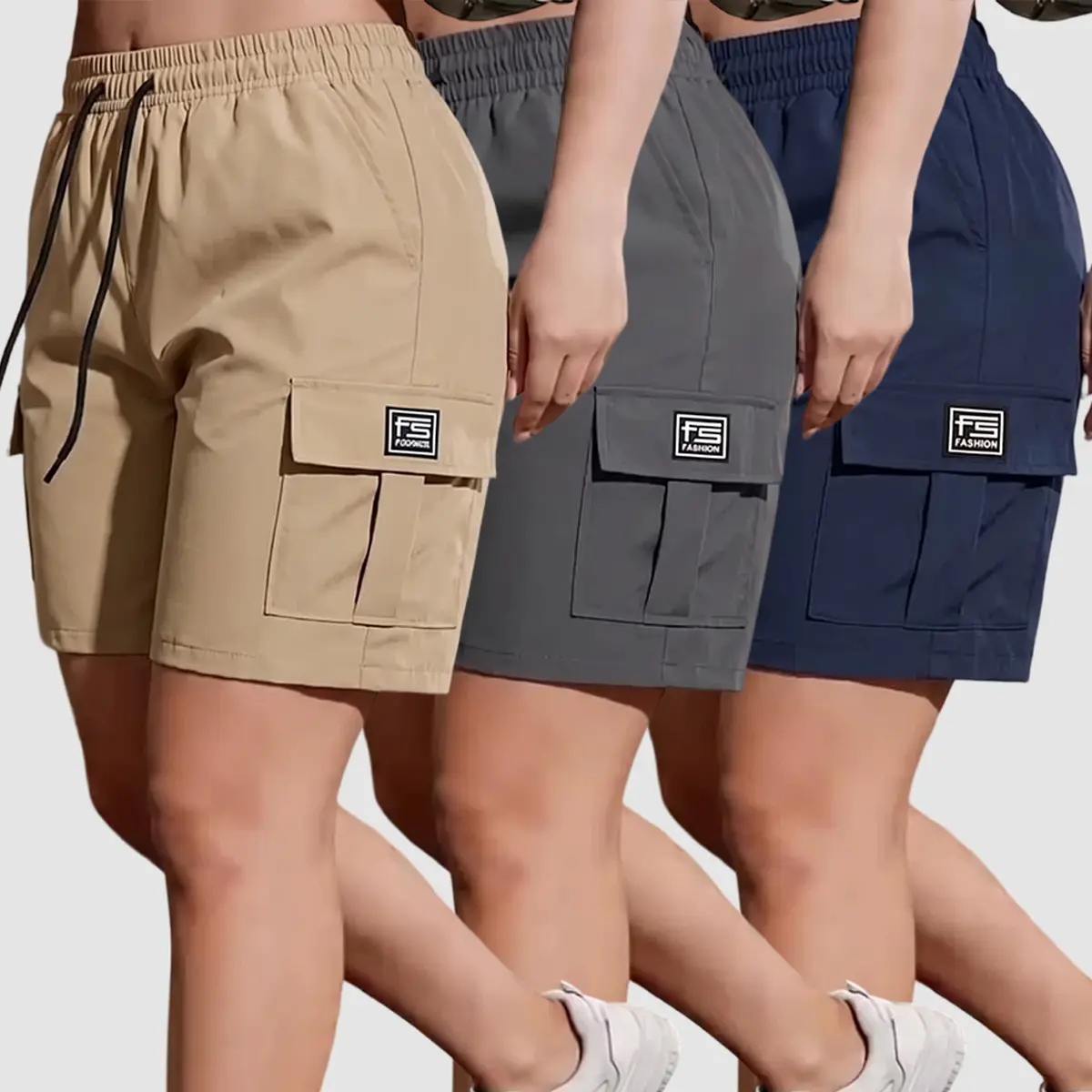 3PCS Summer Women’s Cargo Shorts, featuring an elastic waistband, side pockets, and drawstring design; sturdy and durable, multi-pocket design, breathable—perfect for outdoor activities and everyday wear. Summer Charm