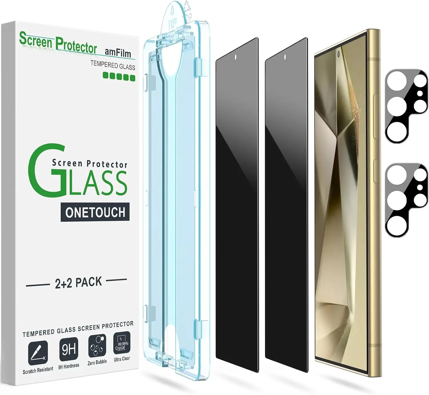 amFilm 2+2 Pack OneTouch Privacy Screen Protector for Samsung Galaxy S24/S24 Plus/S24 Ultra 6.2" 6.7" 6.8" + Camera Lens Protector, Tempered Glass, 30 Seconds Auto-Alignment Tech, Bubble Free, 28° Privacy Protection