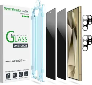 amFilm 2+2 Pack OneTouch Privacy Screen Protector for Samsung Galaxy S24/S24 Plus/S24 Ultra 6.2" 6.7" 6.8" + Camera Lens Protector, Tempered Glass, 30 Seconds Auto-Alignment Tech, Bubble Free, 28° Privacy Protection