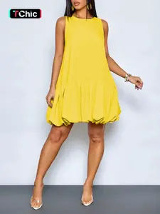 This elegant mini dress with ruffles and a round neck is a stylish choice for Women summer parties.