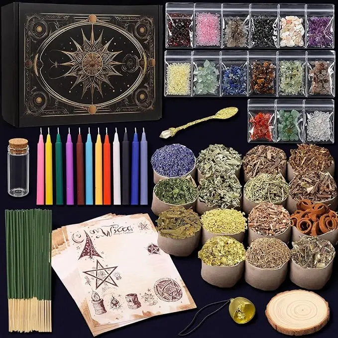 Witchcraft Spell Kit - Wiccan Altar Spiritual Items with Black Wood Tools, Brass Items, Glass Jar, Raw Sage, Raw Herbs, Incense, Crystals, Candles for Energy Cleansing Rituals, Witchy Gifts for Women (Toys & Hobbies DIY Candle Making), Spell Jars