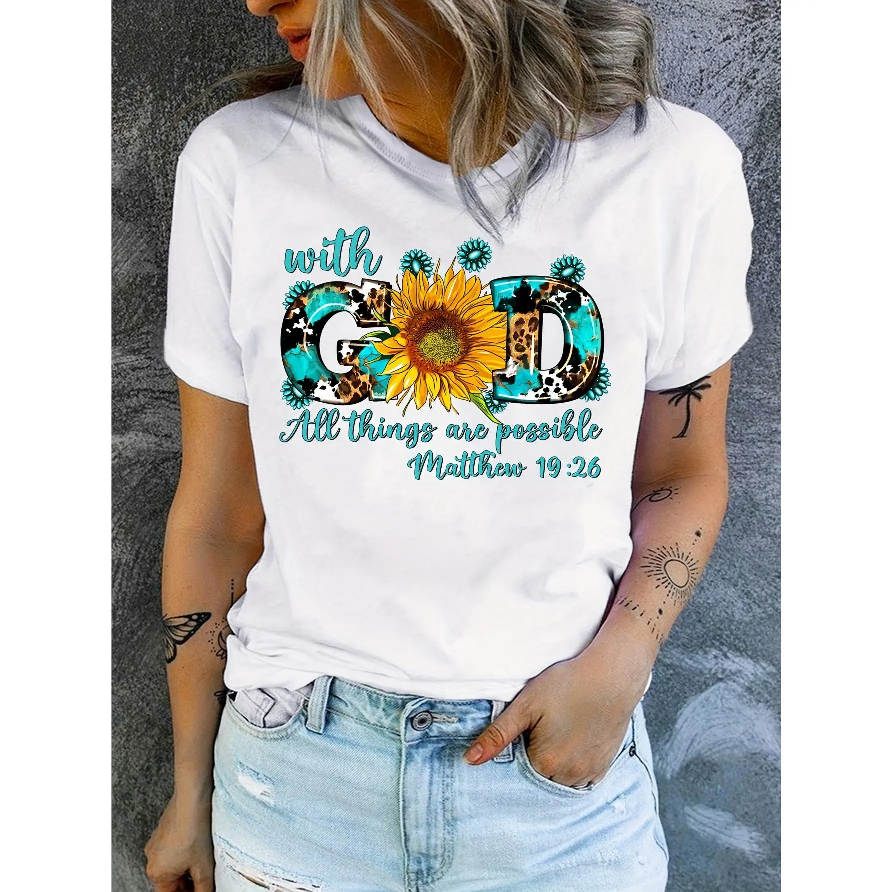 [100% Cotton] Sunflower Print Crew Neck T-shirt, Short Sleeve Casual Top for Summer & Spring, Women's Clothing, Leisure Style, Xia  Golf Gift T-Shirt For Men and Women