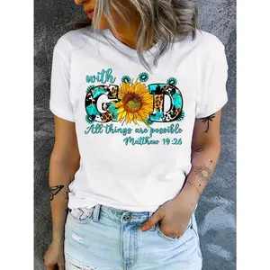 Sunflower Print Crew Neck T-shirt, Short Sleeve Casual Top for Summer & Spring, Women's Clothing, Leisure Style, Xia