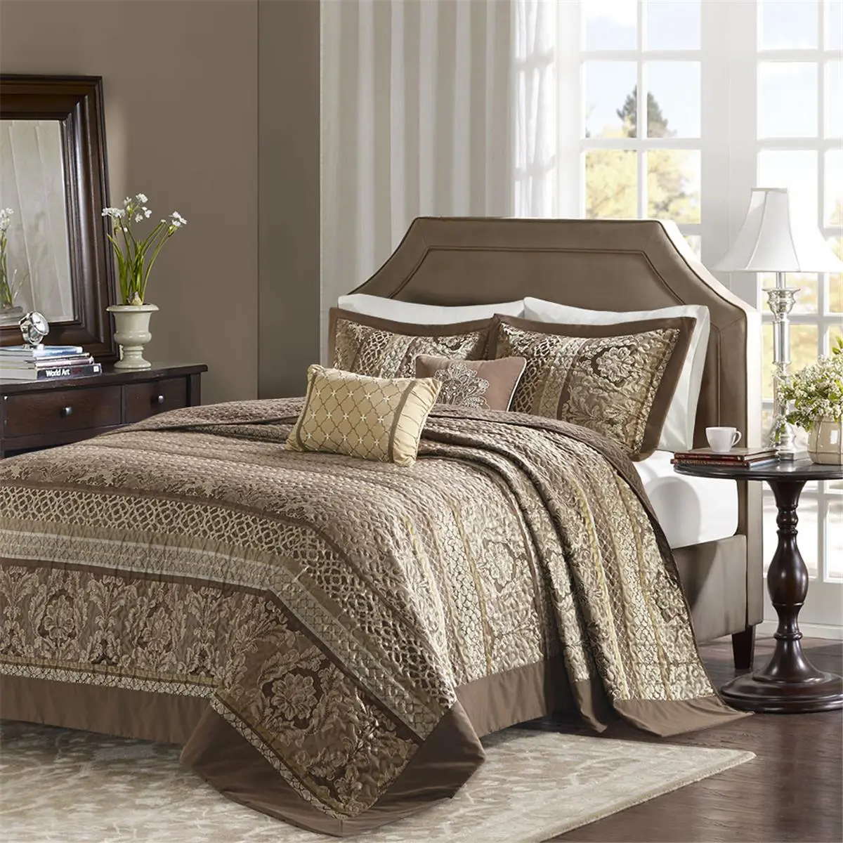 212 MAIN King Size Polyester 5-Piece Jacquard Weave Decorative Quilt Bedspread Set - Brown, Leaf Motif, Machine Washable, Decorative Bedding Set, Brown Bedding Set