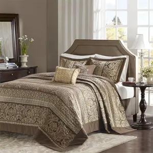 212 MAIN Queen Size 5-Pieces Jacquard Weave Bedspread Set - Brown, Leaf Motif, Traditional Look, Machine Washable