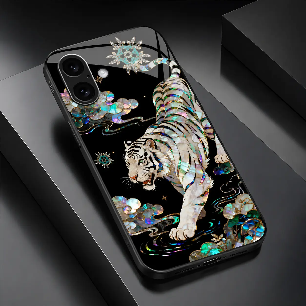 Luxury mother of pearl case with gold foil and mythical dragon design, iridescent holographic cover for iPhone 17/16/15/14/13 Pro Max and Samsung S26/S25/S24 — 975, Phone Accessories, Dragon Myth Art
