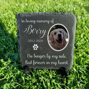 Personalized Pet Memorial Slate Plaque with Photo & Name – Real Dark Grey Stone – Garden Tribute