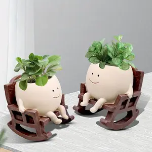 Smily Face Planter Pot, 1 Piece Cartoon Design Resin Pot for Indoor Plants, Cute Sit Rocking Chair Succulent Flower Pots with Drain Hole, Decorative Flower Pot for Home Office Desk, Swinging Planter