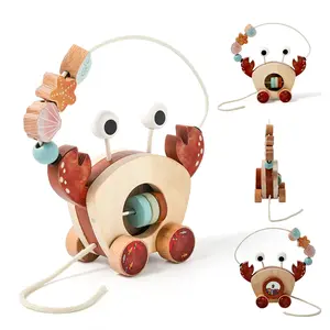 Crab Pull Along Toy for Toddlers 1-3, Wooden Bead Maze Montessori Toys, Roller Coaster Circle Sensory and Learning Activity Cube, Baby Learning Toy for Beginner Walkers Easter gift toddlers