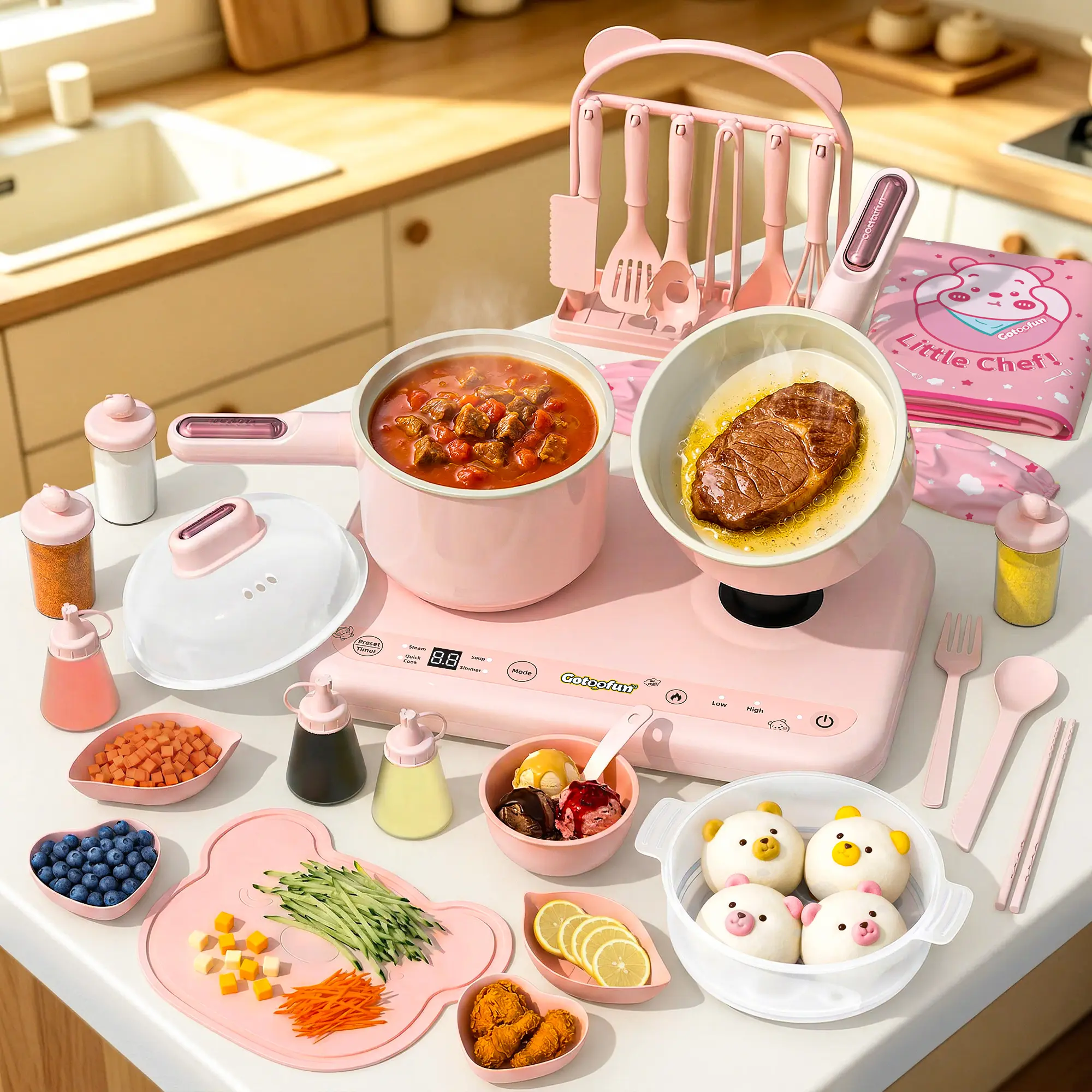 GOTOOFUN Kids Cooking Set - Real Mini Dual-Stove Montessori Pretend Play Toy (Ages 5-12) with BPA-Free Dishware & Knife, Cook with Me Activity Toy, Cool & Christmas Gifts for Kids