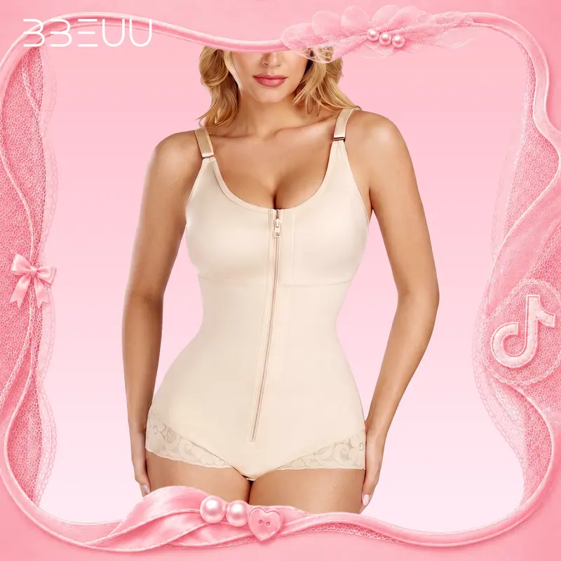 BBEUU Women's Colombian Shapewear Bodysuit – Tummy Control & Butt Lift, Hook-and-Eye Open Crotch Design for Convenience, Lace Trim Splicing, Sexy & Elegant, Postpartum Recovery Shapewear Compression