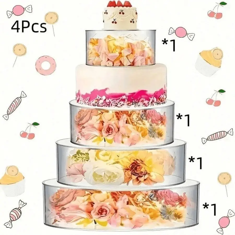 Set of 4 Acrylic Cake Stands, Transparent Refillable Cylindrical Wedding Cake Stand, Party Cake Stand, Plastic Dessert Display Tower for Cupcakes, Clear Cupcake Stand