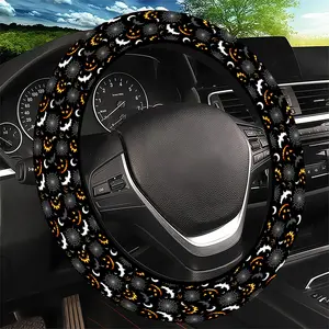 Halloween Web & Bat Pattern Steering Wheel Cover, Spooky Orange & Black Festive Design - Fit Car Interior Accessory, Durable Material, No Inner Ring, For All Seasons Automotive Accessories, Best Festive Gift Item For Friends and Family.11.25QWA-486