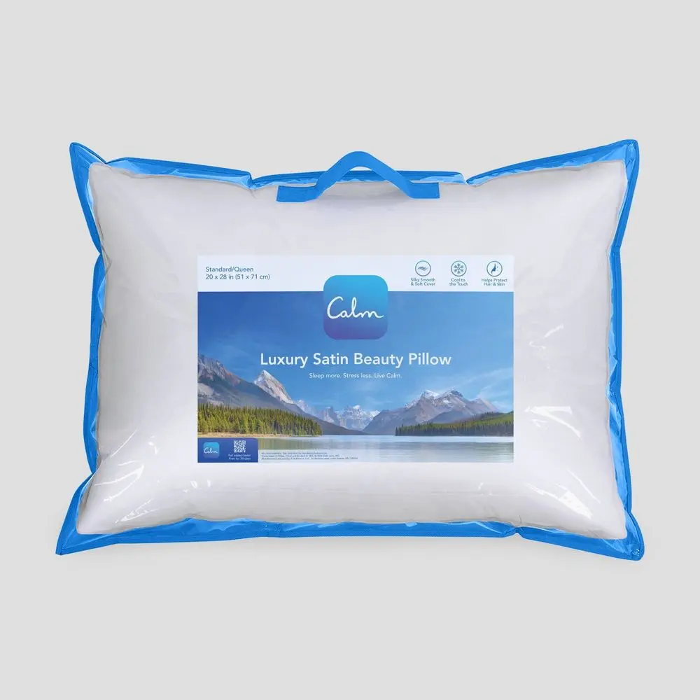Calm Jumbo Medium Density Satin Bed Pillow, Hypoallergenic Down Alternative Fill, 80% Nylon-20% Spandex Blend, Cooling, Machine Washable